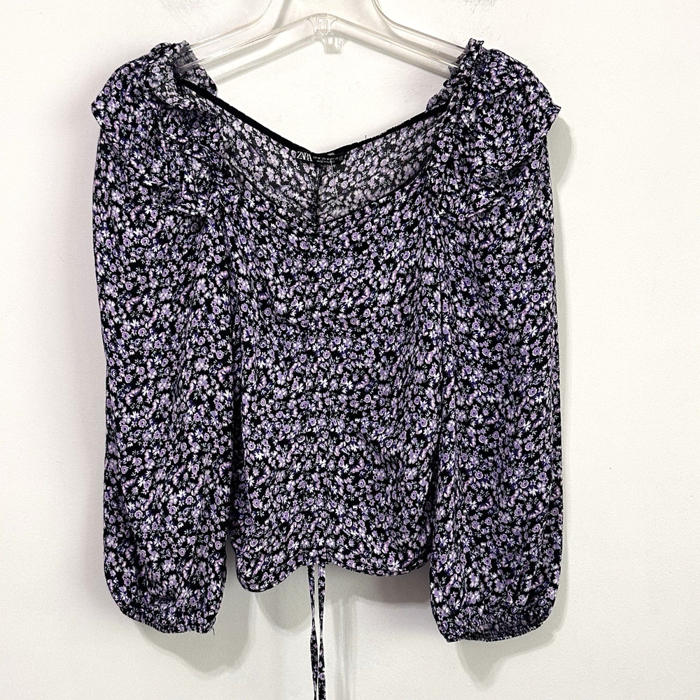 Zaraโ Blouse Top M Purple Black Floral Ruched Back Side Zip Boho Festival Crop